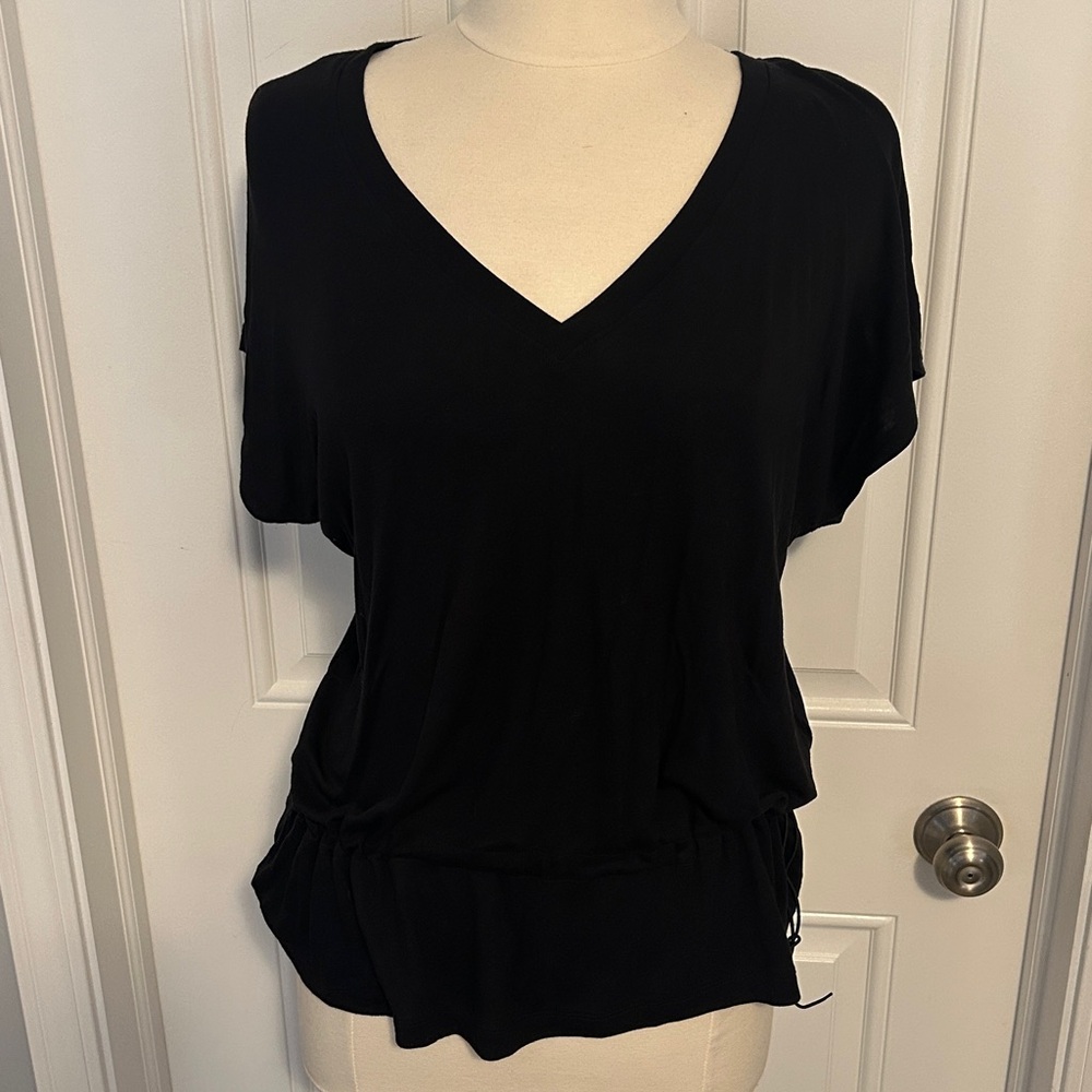 Cabi black v neck drawstring waist top style #5928 Rayon Blend Top - Size M